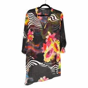 Frank Lyman Sheer Blouse Size 12 Floral Artsy Asymmetrical Hem Roll Tab Sleeves